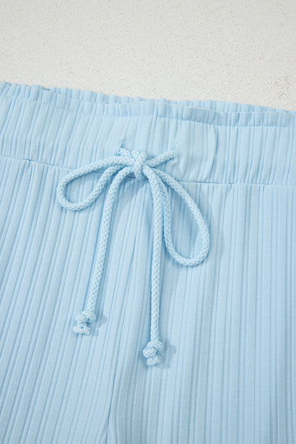 Beau Blue Ribbed Button V Neck Tank Top and Shorts Set