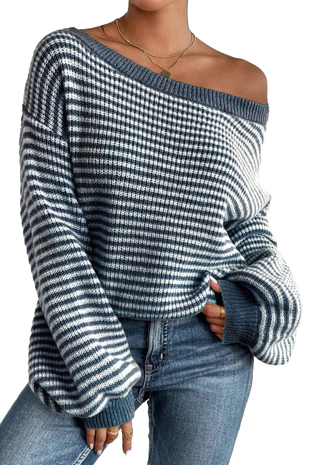 Sail Blue Striped Lantern Sleeve Drop Shoulder Cozy Sweater - Chic Meadow Boutique 