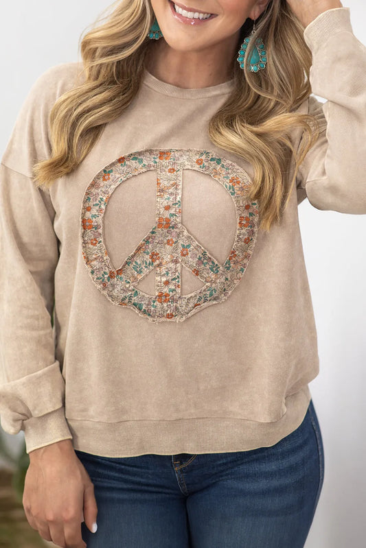 Pale Khaki Floral Peace Sign Graphic Washed Terry Plus Size Sweatshirt - Chic Meadow Boutique 