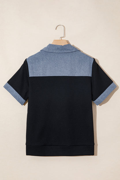 Black Waffle Knit Denim Color Block Patchwork Button Flap Polo Top