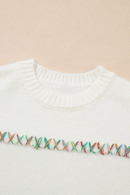 White Colorful Crossed Stitch Drop Shoulder Sweater - Chic Meadow Boutique 