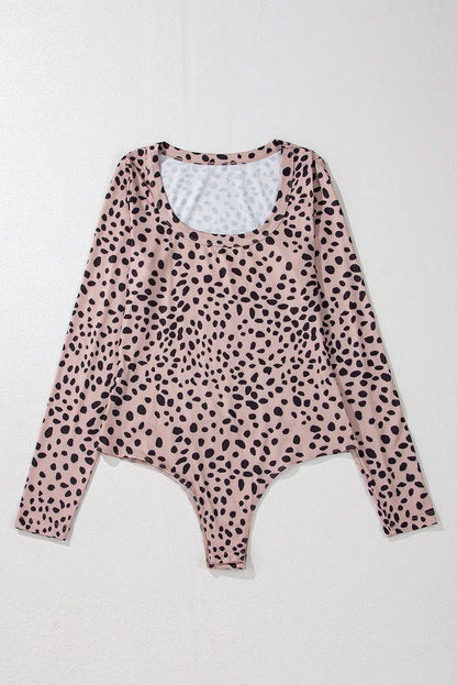 Smoke Gray Leopard Print Long Sleeve Scoop Neck Slim Fit Bodysuit - Chic Meadow Boutique 