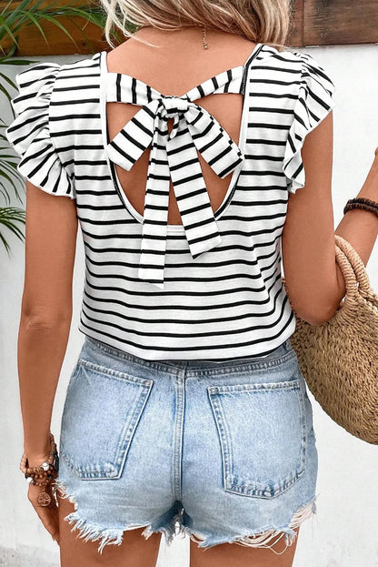 White Stripe Butterfly Sleeve V Neck Hollowed Knot Back T Shirt - Chic Meadow Boutique 