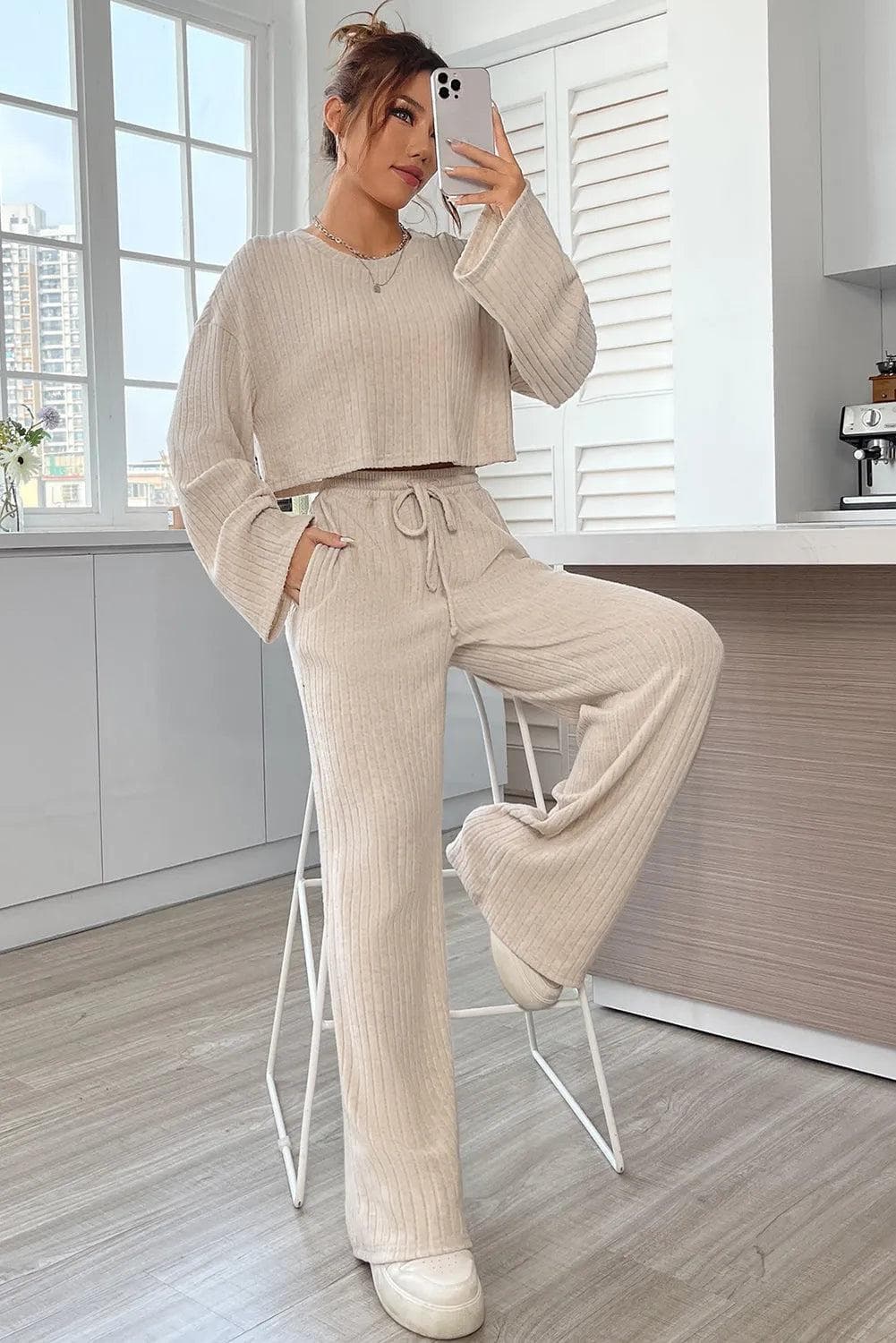 Two Piece Sets/Pant Sets Khaki Ribbed Knit Bell Sleeve Crop Top Drawstring Pants Set