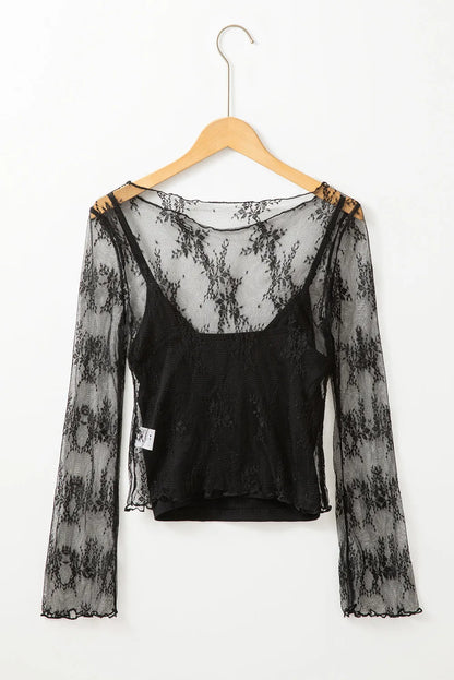 Black Lace Mesh Crochet Splicing Slim Fit Long Sleeve Blouse - Chic Meadow Boutique 