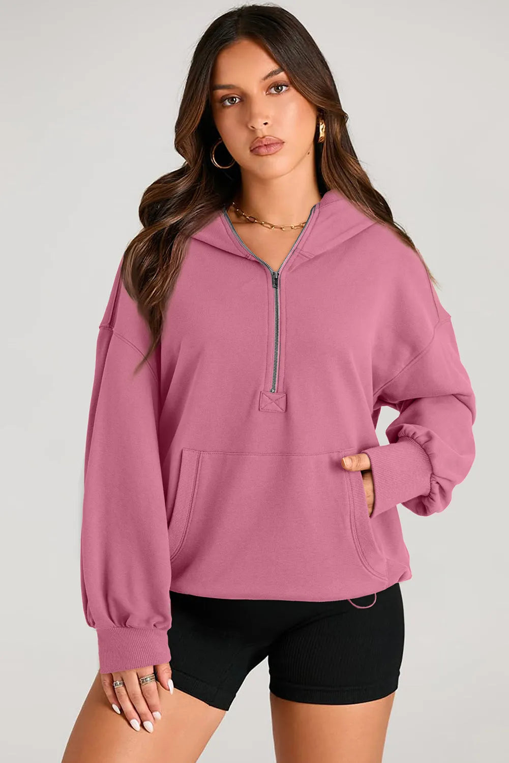 Valerian Solid Kangaroo Pocket Half Zipper Oversized Hoodie - Chic Meadow Boutique 