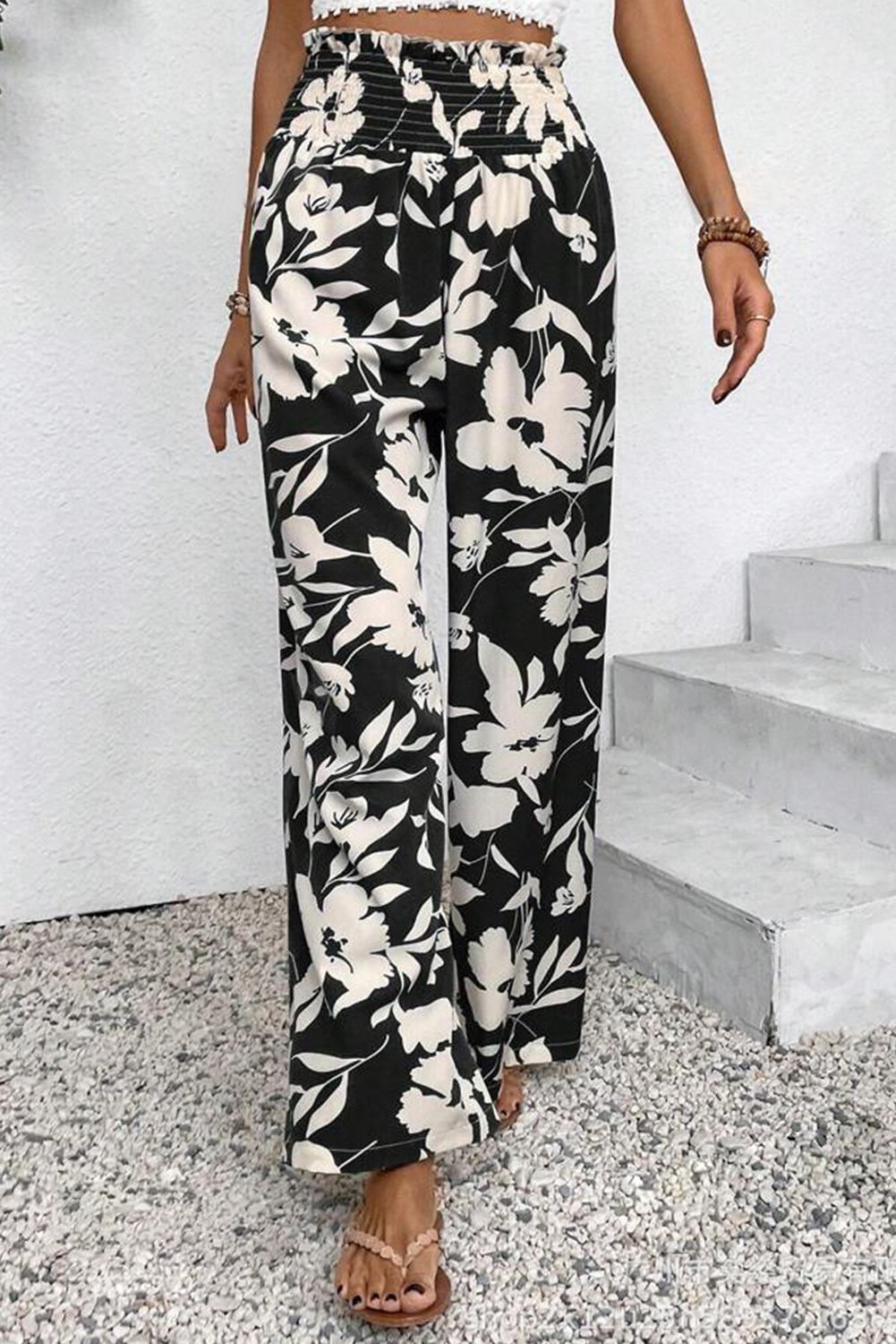 Black Floral Print Smocked High Waist Wide Leg Pants