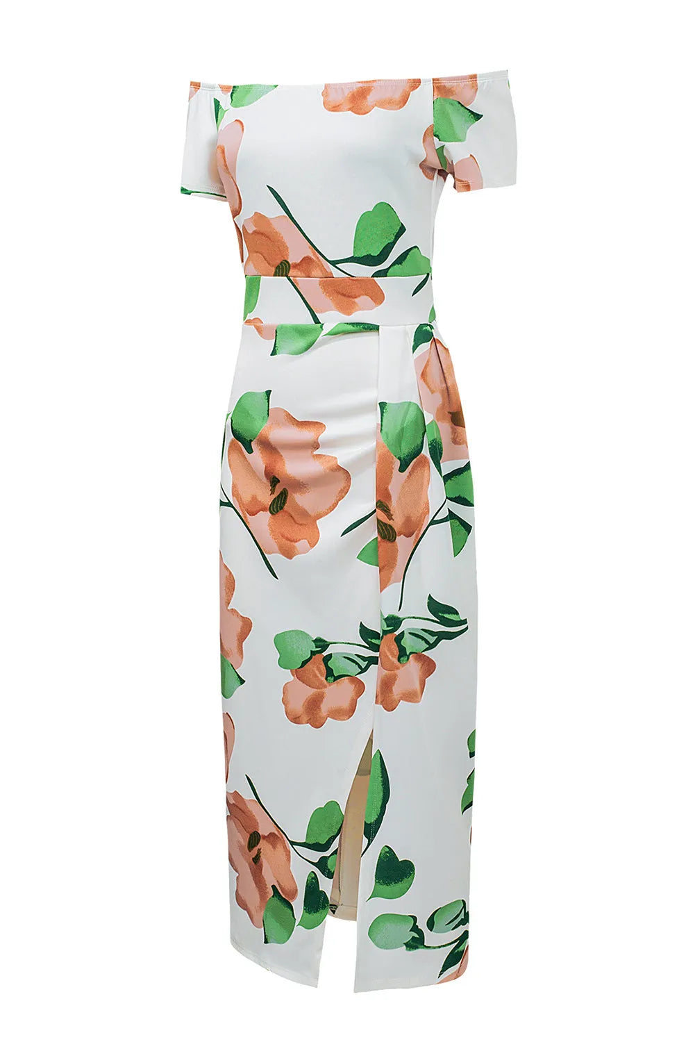 Green Floral Print Off Shoulder Slit Bodycon Midi Dress - Chic Meadow Boutique 