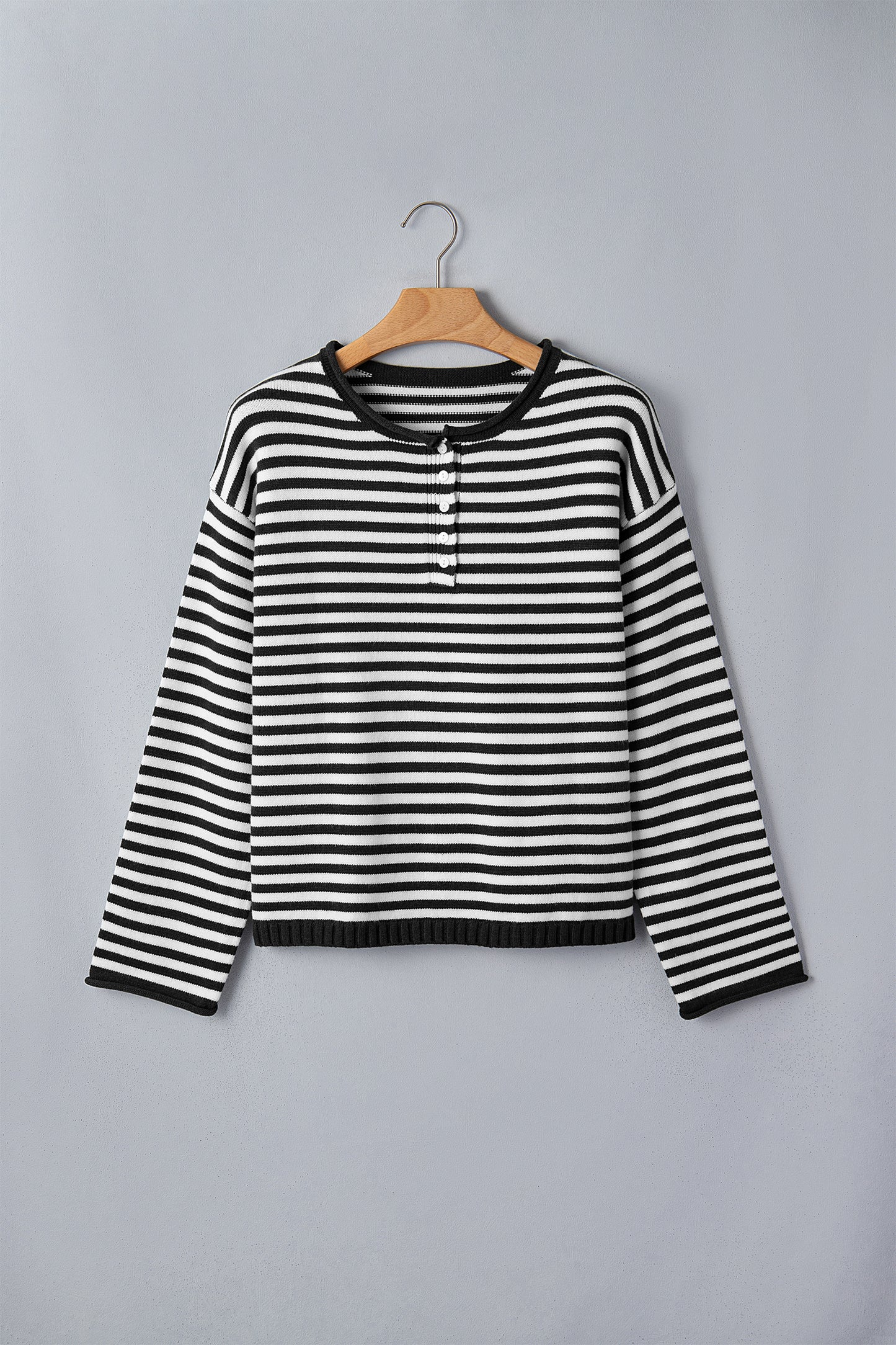 Green Stripe Striped Button Placket Drop Shoulder Long Sleeve Sweater