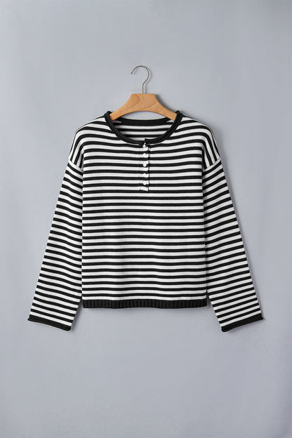 Green Stripe Striped Button Placket Drop Shoulder Long Sleeve Sweater