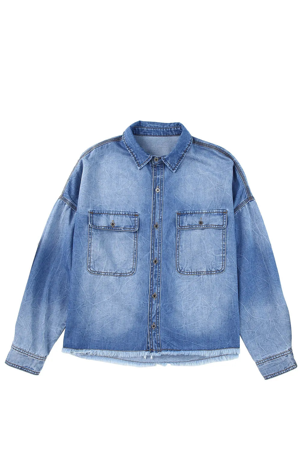 Sky Blue Flap Pockets Raw Hem Denim Shacket - Chic Meadow Boutique 