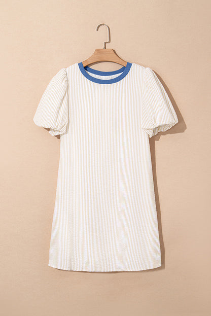 Beige Stripe Seersucker Contrast Round Neck Puff Sleeve T Shirt Dress