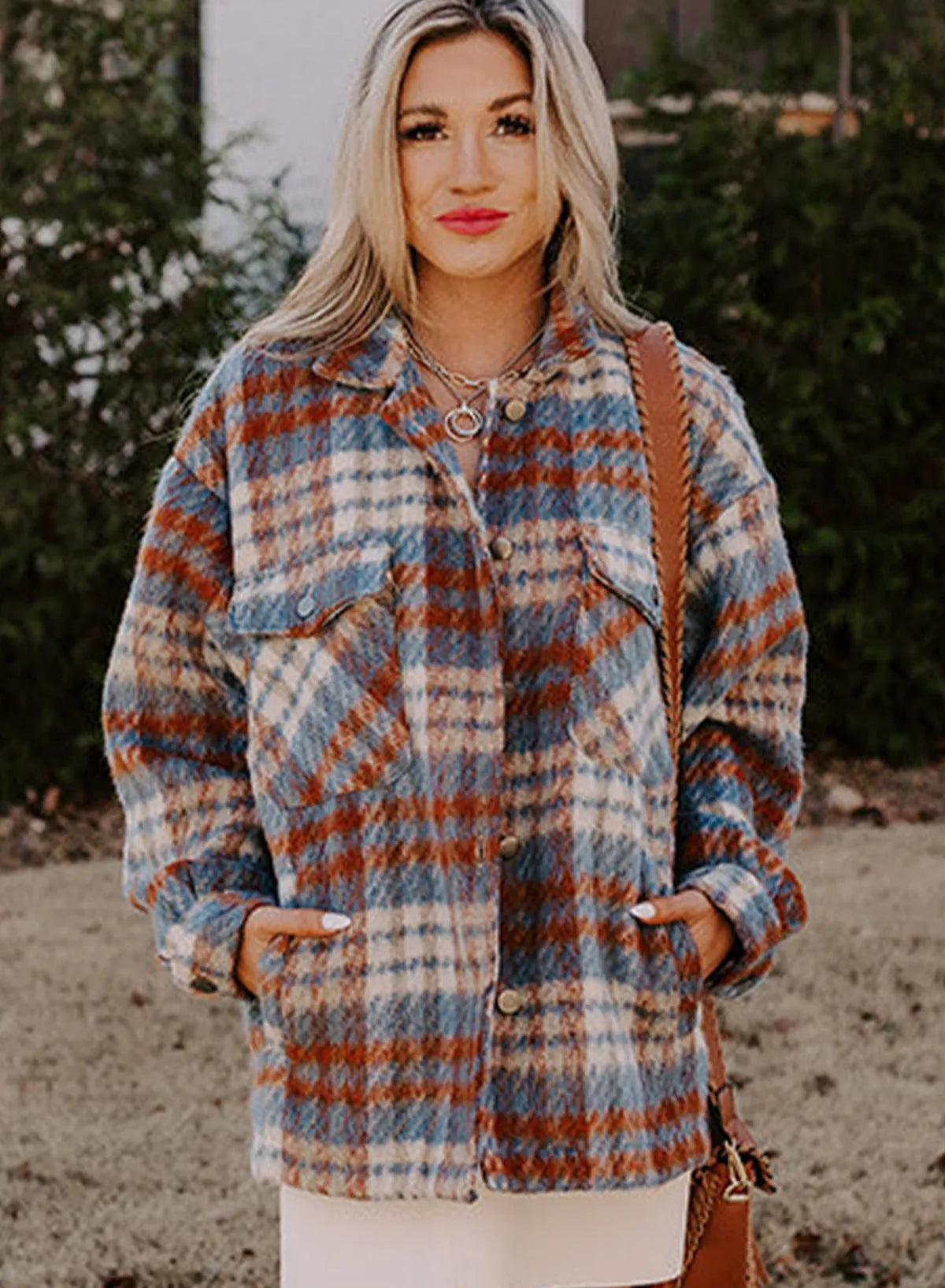 Cinnamon Plaid Print Chest Pockets Turn Down Collar Shacket - Chic Meadow Boutique 