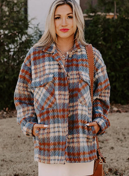 Cinnamon Plaid Print Chest Pockets Turn Down Collar Shacket - Chic Meadow Boutique 