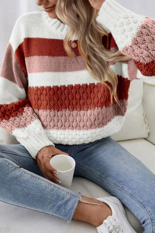 Red Stripe Cable Knit Drop Shoulder Sweater - Chic Meadow Boutique 