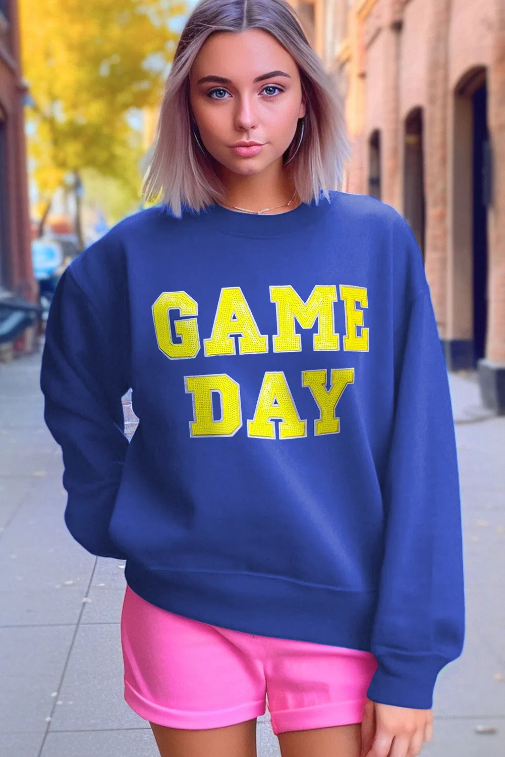 Dark Blue Game Day Crew Neck Graphic Pullover Sweatshirt - Chic Meadow Boutique 