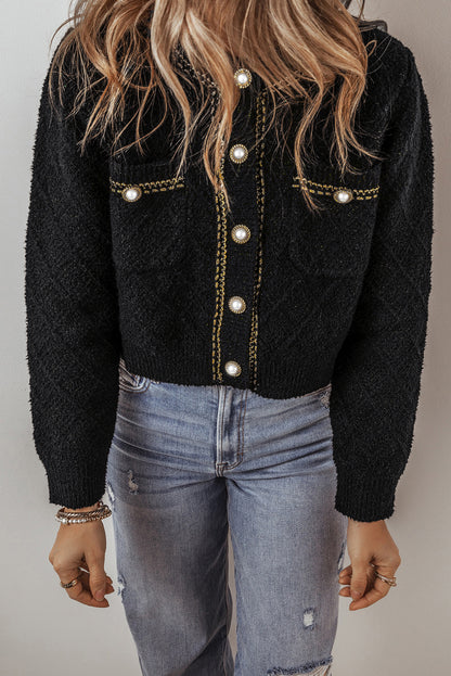 Black Shimmer Flap Pocket Button up Cardigan