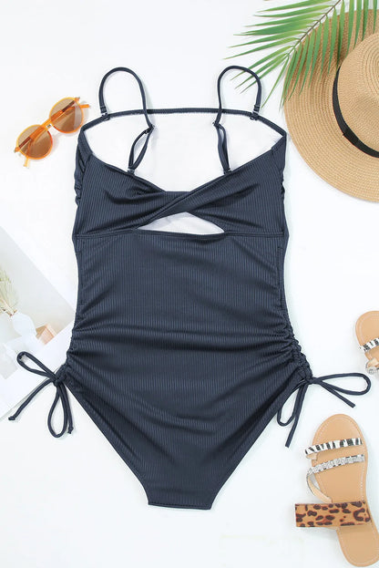 Navy Blue Ribbed Drawstring Sides Cutout One Piece Swimsuit - Chic Meadow Boutique 