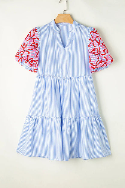 Sky Blue Stripe Contrast Floral Puff Sleeve Tiered Ruffle Dress - Chic Meadow Boutique 