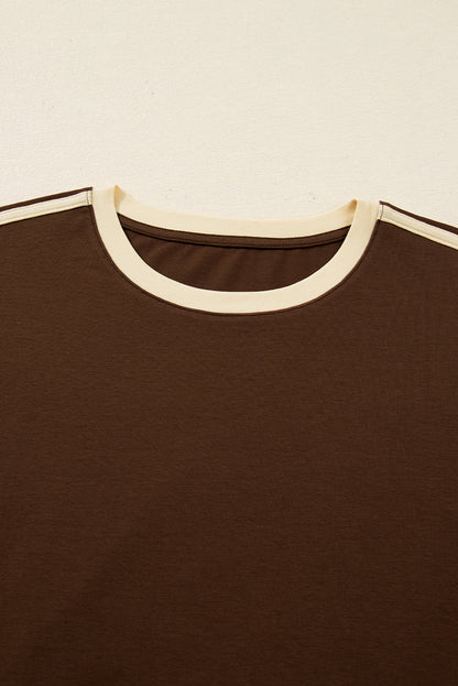 Dark Brown Varsity Striped Accent Contrast Crew Neck Long Sleeve T Shirt