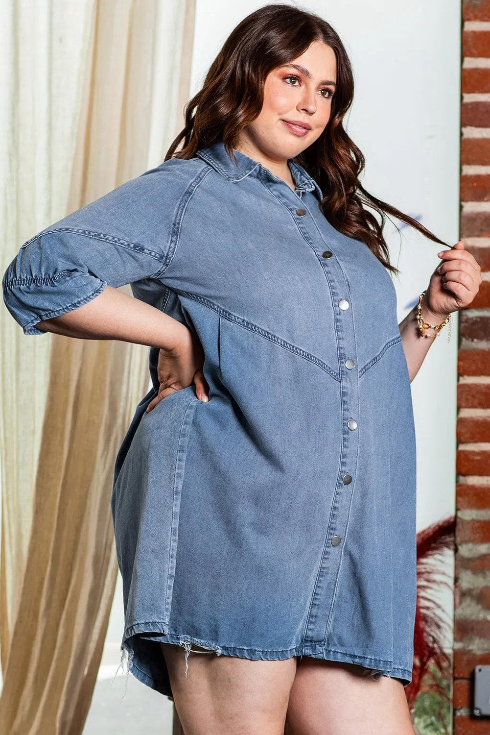 Plus Size/Plus Size Dresses/Plus Size Mini Dresses Light Blue Ruffled 3/4 Sleeve Buttoned Front Plus Size Denim Dress