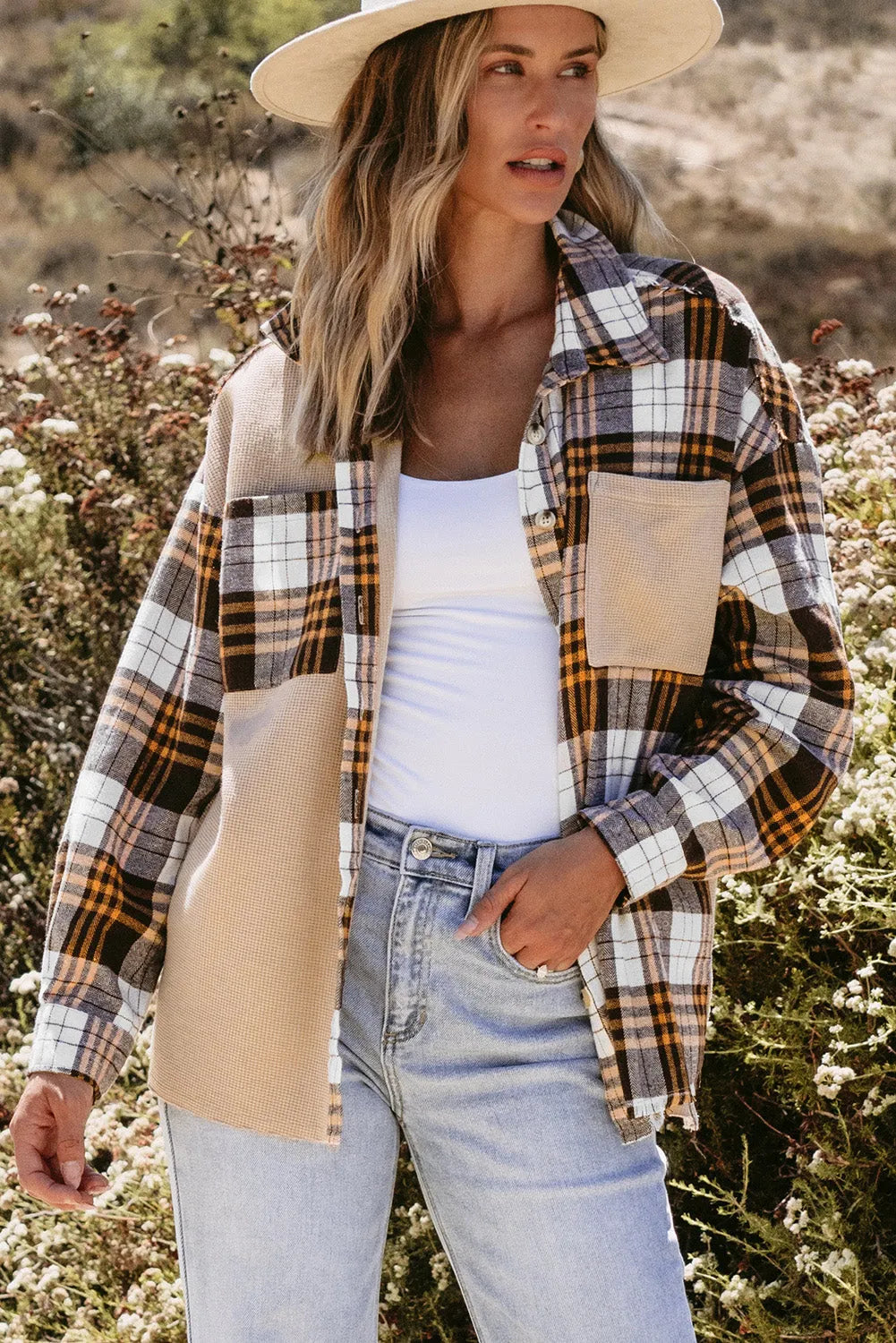 Khaki Thermal Knit Plaid Patchwork Shacket - Chic Meadow Boutique 