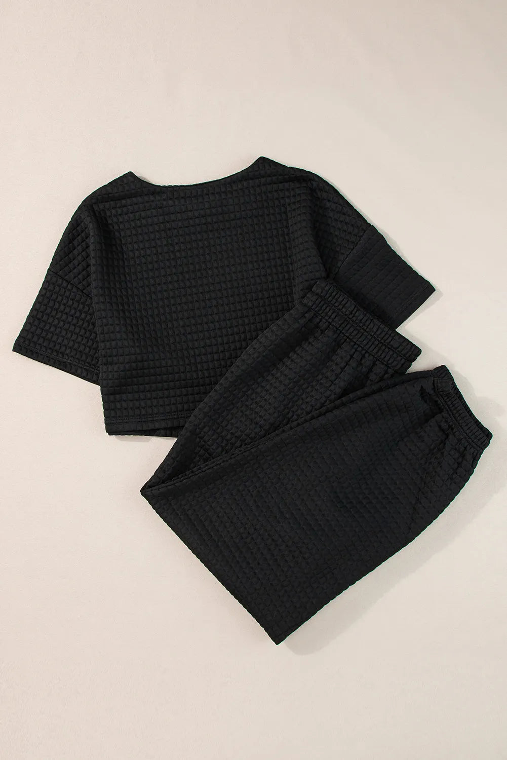 Black Lattice Textured Cropped Tee and Jogger Pants Set - Chic Meadow Boutique 