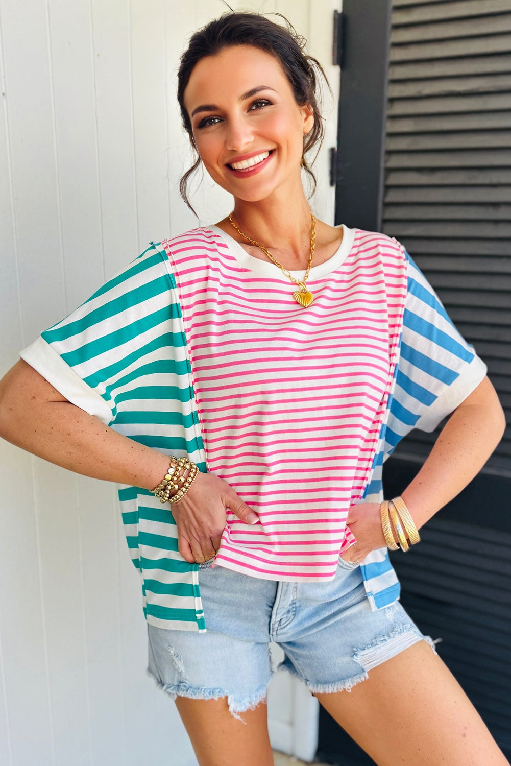 Pink Stripe Mixed Pattern Patchwork Uneven Hem Loose Tee