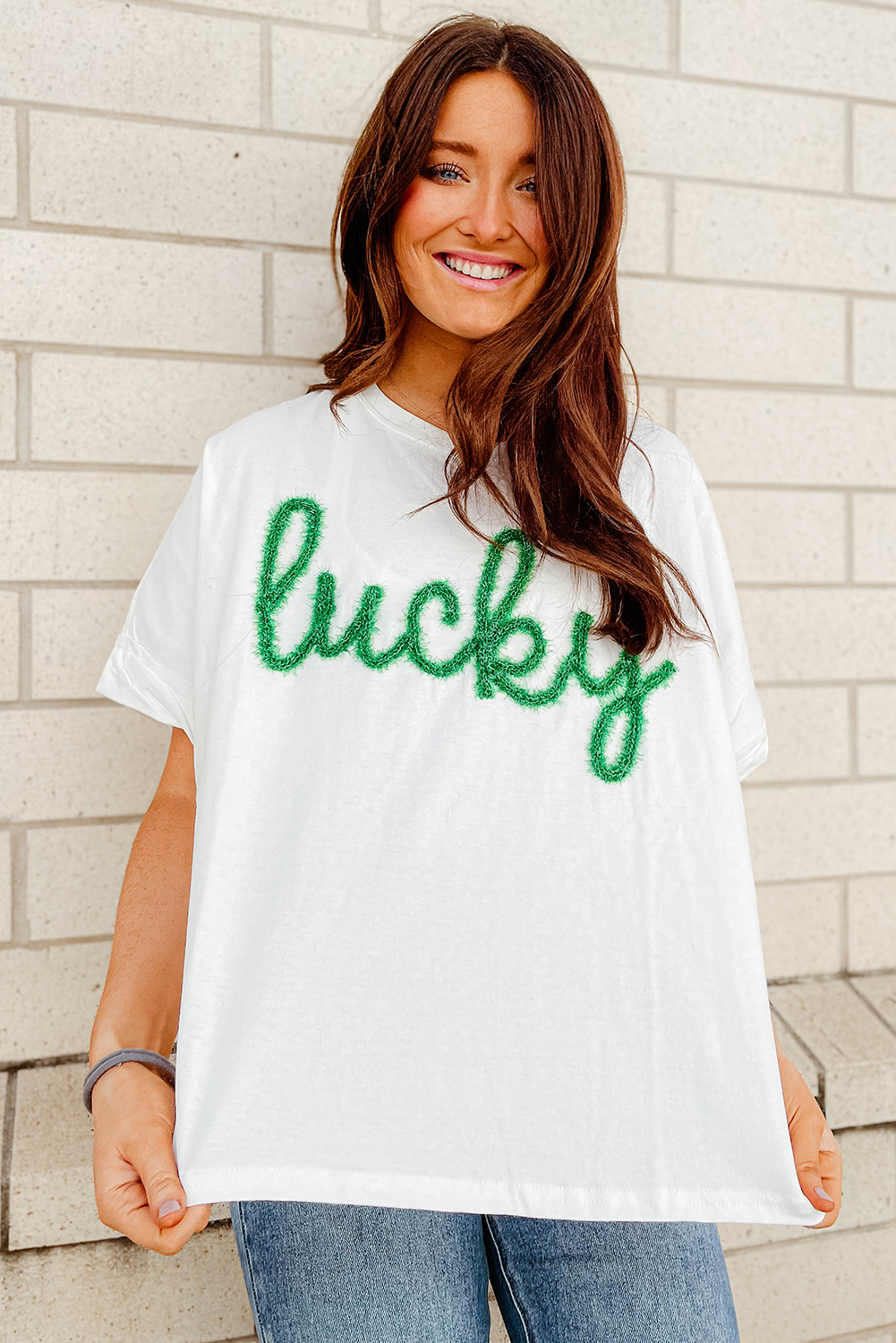 White Lucky Tinsel Graphic St Patrick Fashion Tee