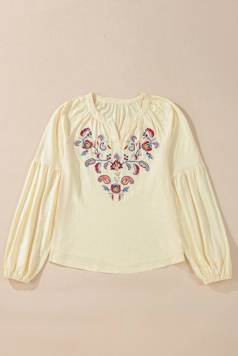 Apricot Paisley Floral Embroidered Notch V Neck Blouse - Chic Meadow Boutique 