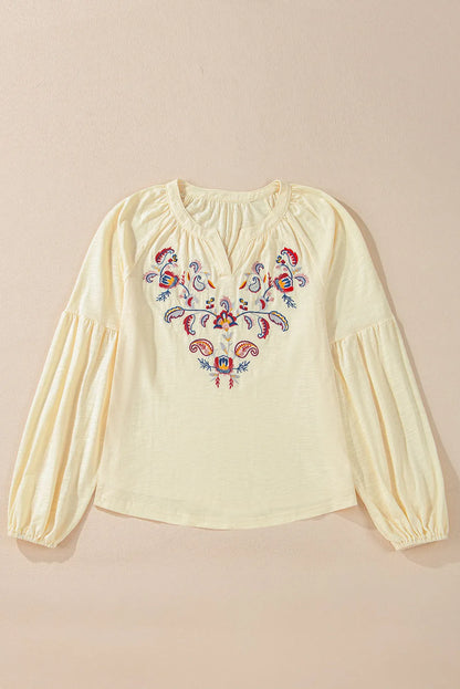 Apricot Paisley Floral Embroidered Notch V Neck Blouse - Chic Meadow Boutique 