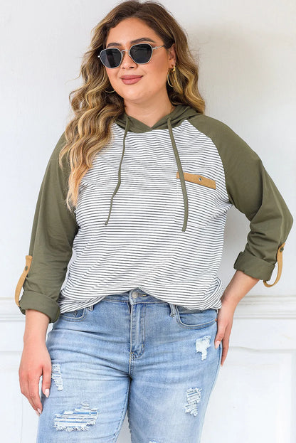 Green Striped Raglan Sleeve Buttoned Pocket Plus Size Hoodie - Chic Meadow Boutique 