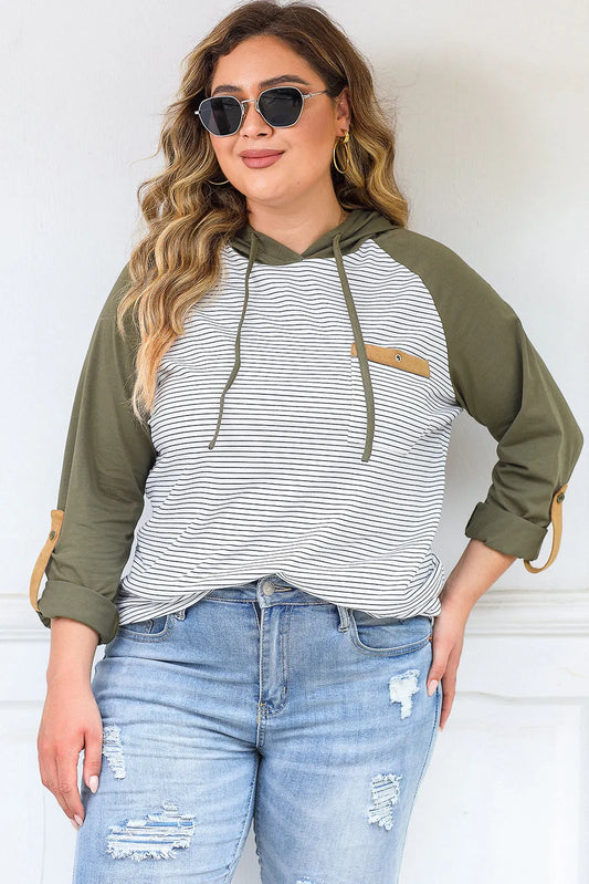 Green Striped Raglan Sleeve Buttoned Pocket Plus Size Hoodie - Chic Meadow Boutique 