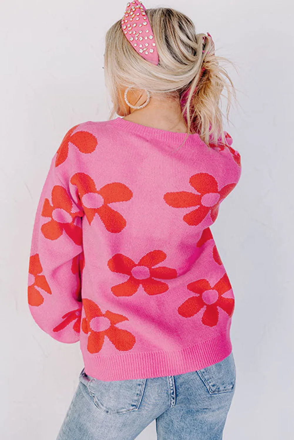 Rose Big Flower Knit Ribbed Trim Sweater - Chic Meadow Boutique 