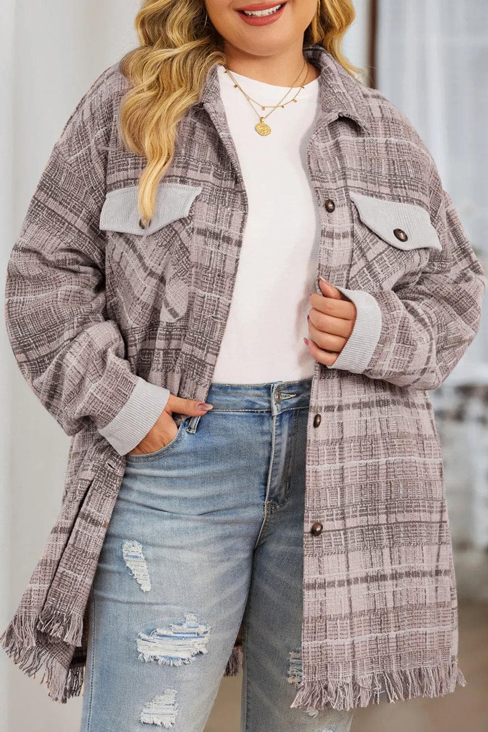 Plus Size/Plus Size Outerwear Pink Plus Size Macrame Plaid Coat