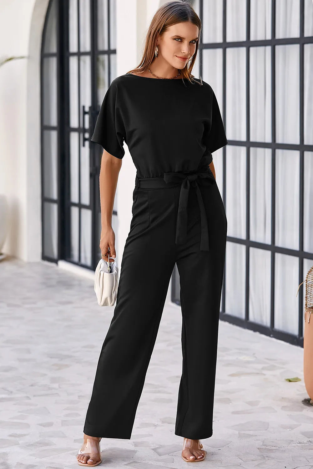 Black Belted Wide Leg Jumpsuit - Chic Meadow Boutique 