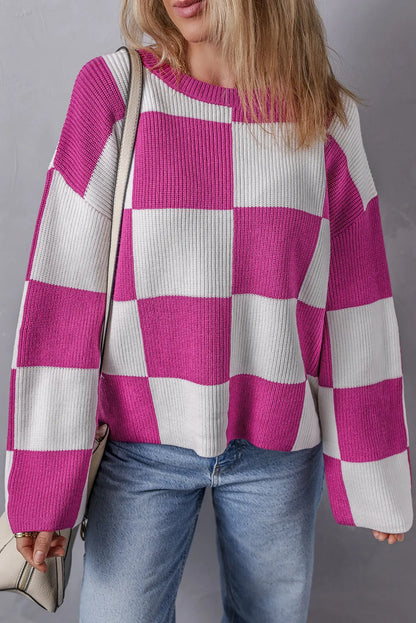 Bright Pink Checkered Round Neck Baggy Sweater - Chic Meadow Boutique 