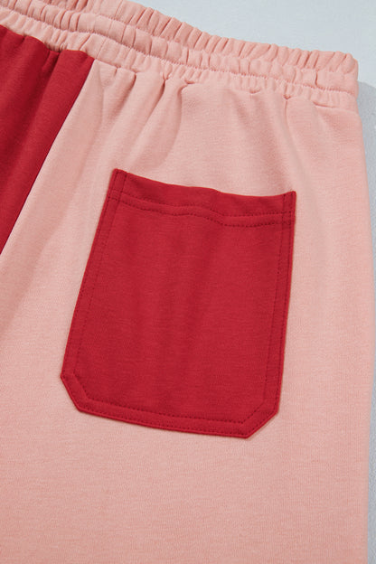 Fiery Red Raw Seam Colorblock Wide Leg Ankle Length Casual Pants