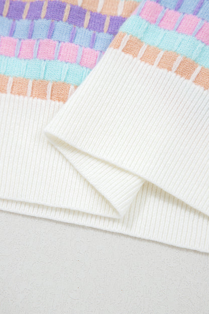 Purple Abstract Striped Knit Short Sleeve Sweater