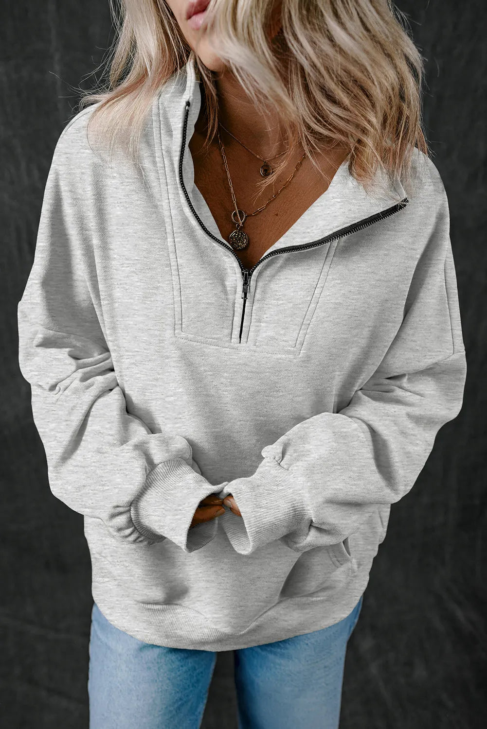 Light Grey Zip-up Stand Neck Kangaroo Pocket Sweatshirt - Chic Meadow Boutique 