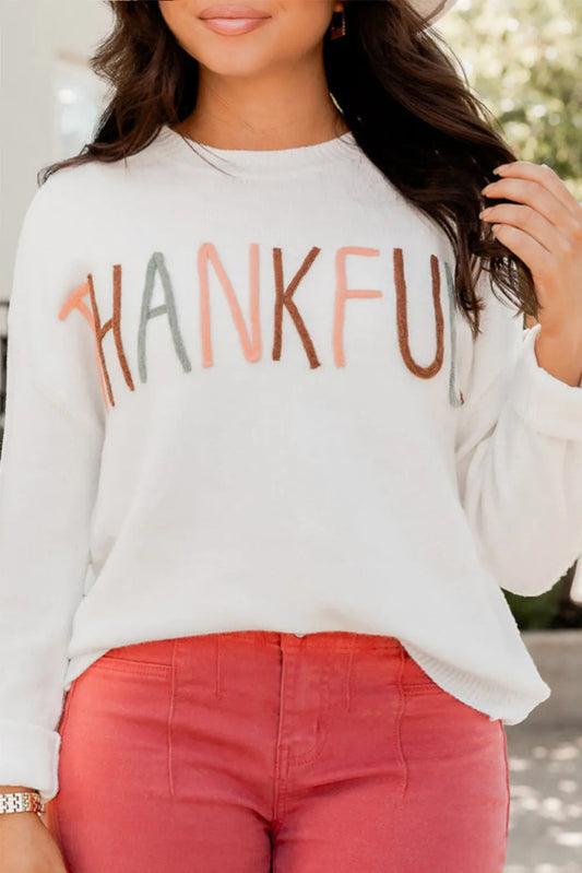 White Plus Size Thankful Ivory Embroidered Sweater - Chic Meadow Boutique 