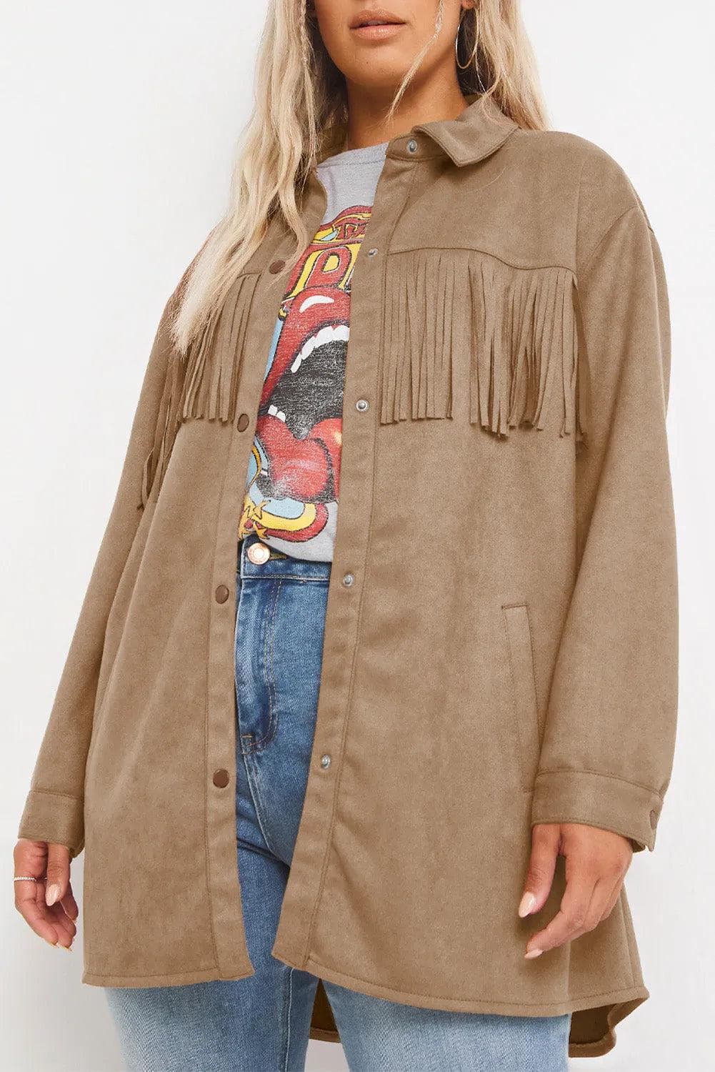 Plus Size/Plus Size Outerwear Khaki Fringe Trim Plus Size Suede Shacket