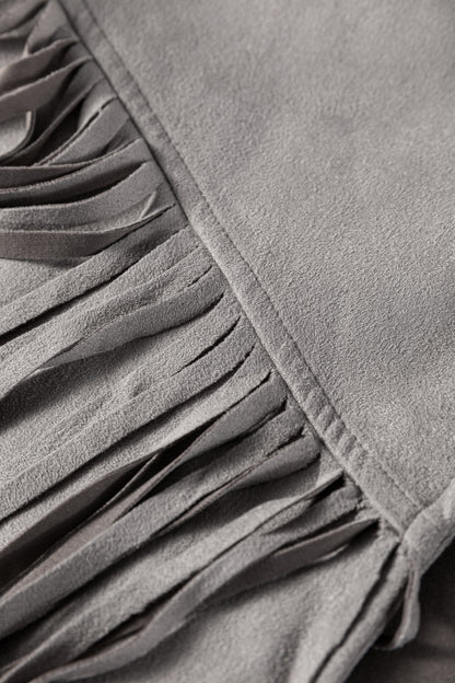 Gray Cropped Fringe Faux Suede Jacket
