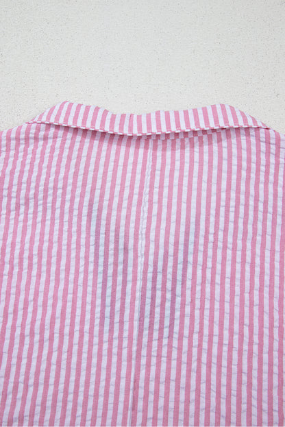 Sachet Pink Striped Print Contrast Split Neck Dolman Sleeve Blouse