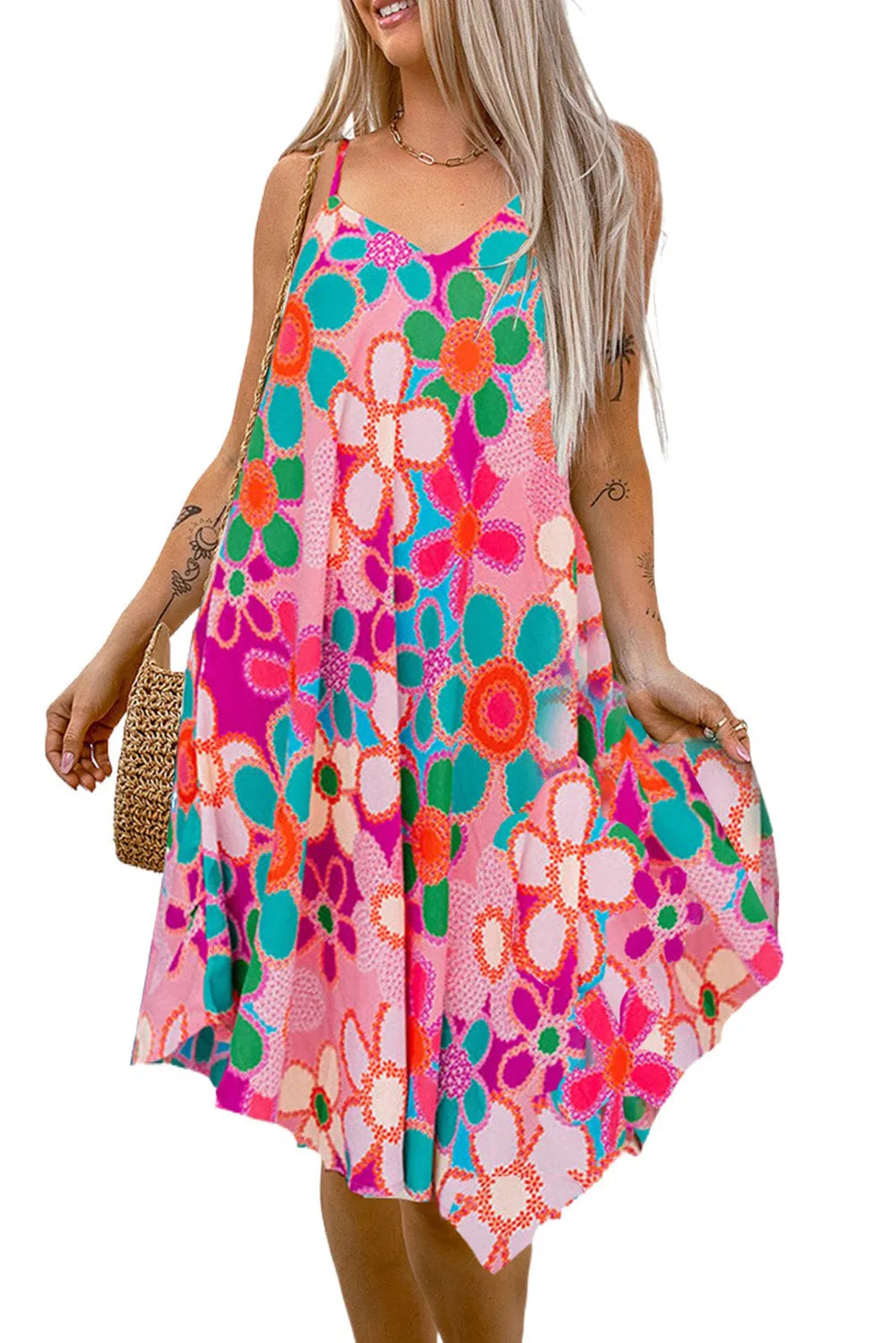 Pink Floral Print Spaghetti STraps Flowy Midi Dress - Chic Meadow Boutique 