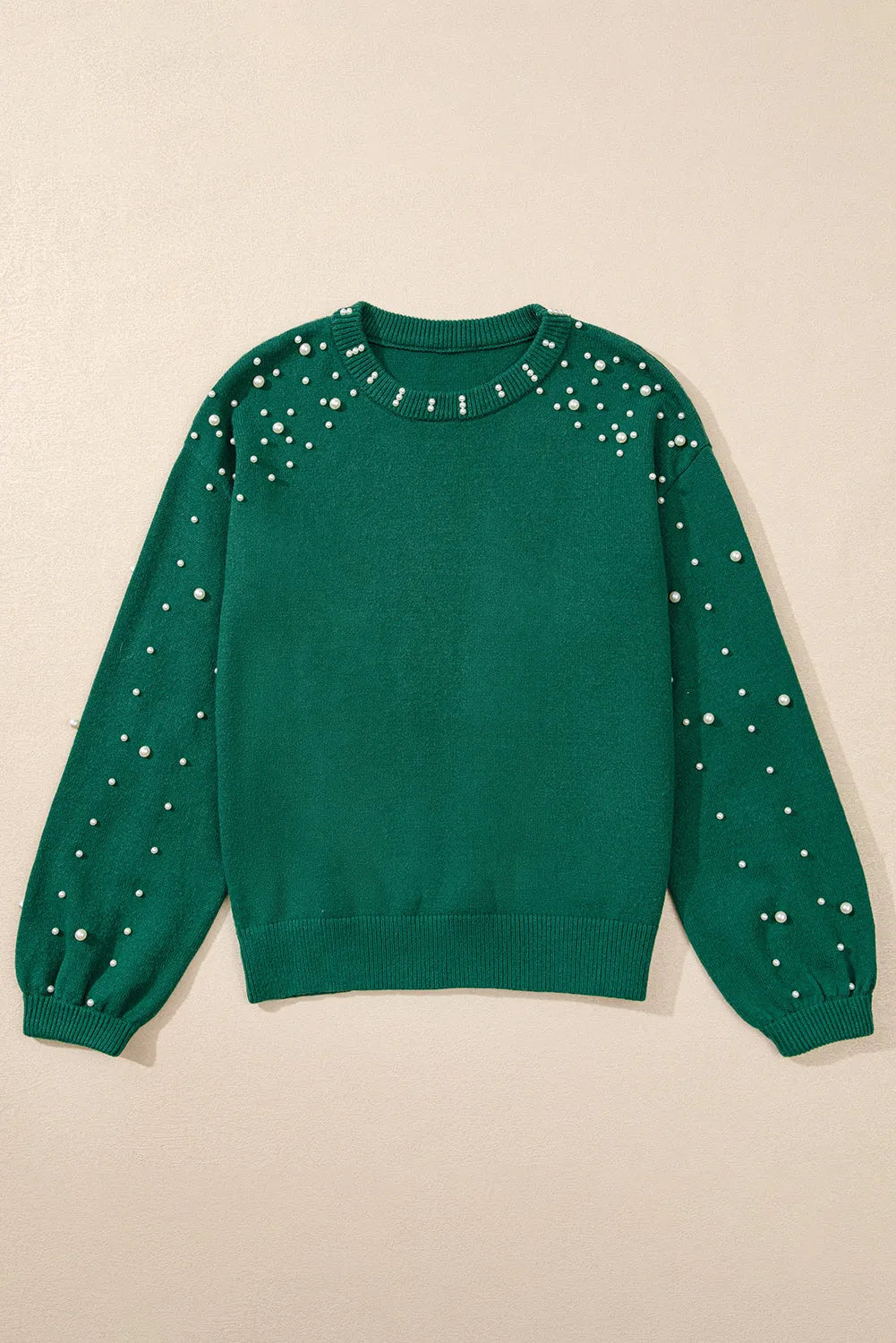 Evergreen Pearled Drop Shoulder Round Neck Sweater - Chic Meadow Boutique 