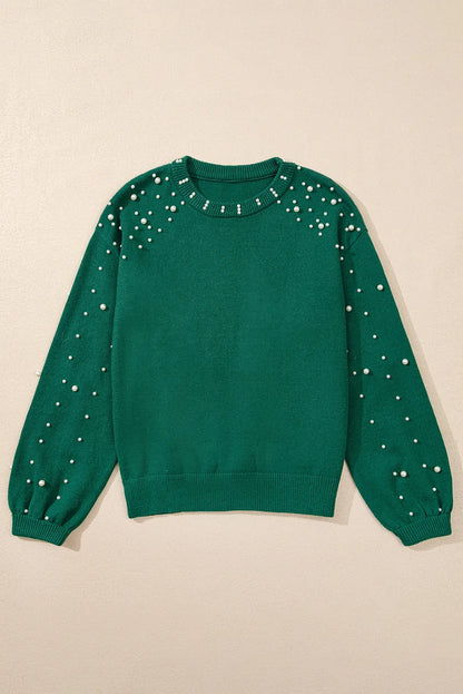 Evergreen Pearled Drop Shoulder Round Neck Sweater - Chic Meadow Boutique 