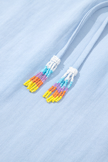 Beau Blue Floral Embroidered Puff Sleeve Split Neck Blouse