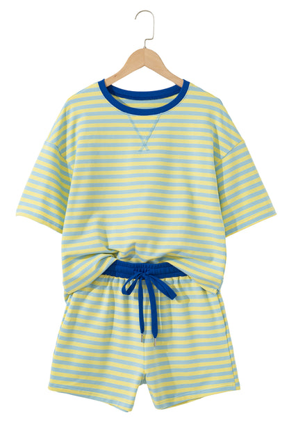 Yellow Stripe Drop Shoulder Boxy Casual Terry Short Set