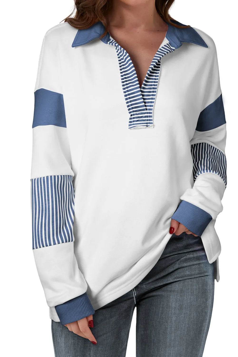 Dark Blue Striped Colorblock Patchwork Collar Sweatshirt - Chic Meadow Boutique 